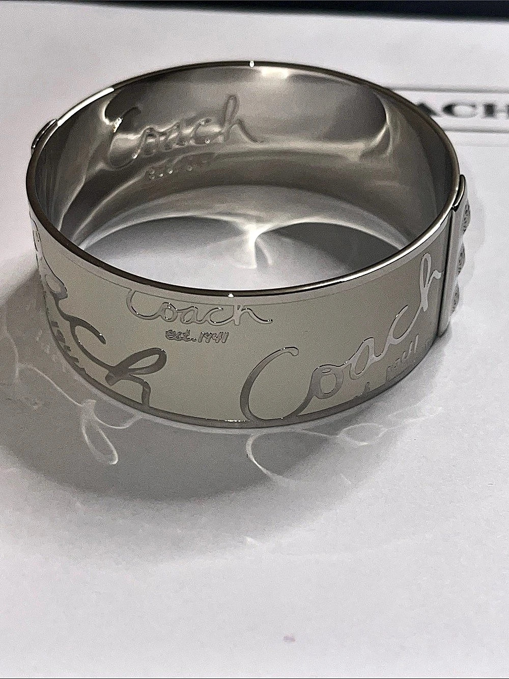 Coach Script Logo Enamel Bangle Bracelet Silver